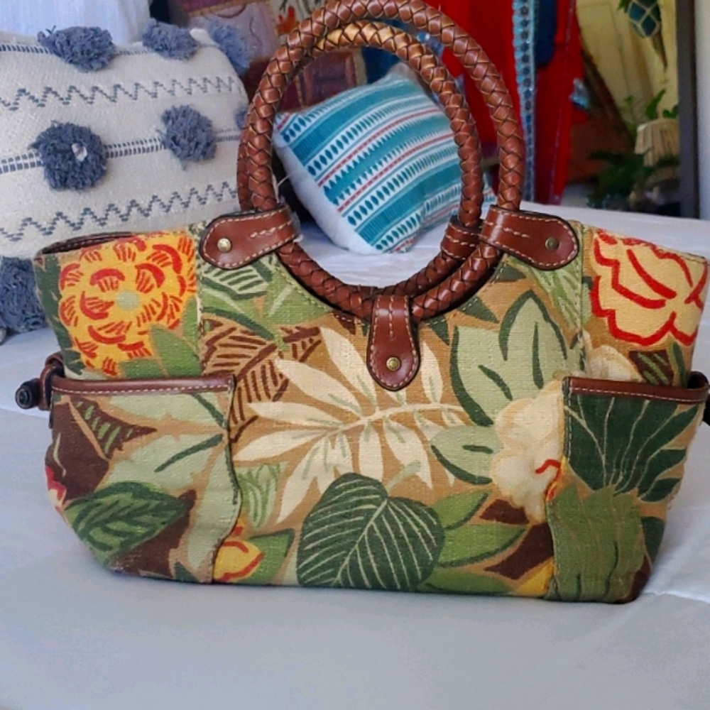 Vintage Fossil Floral Canvas and Leather Bag